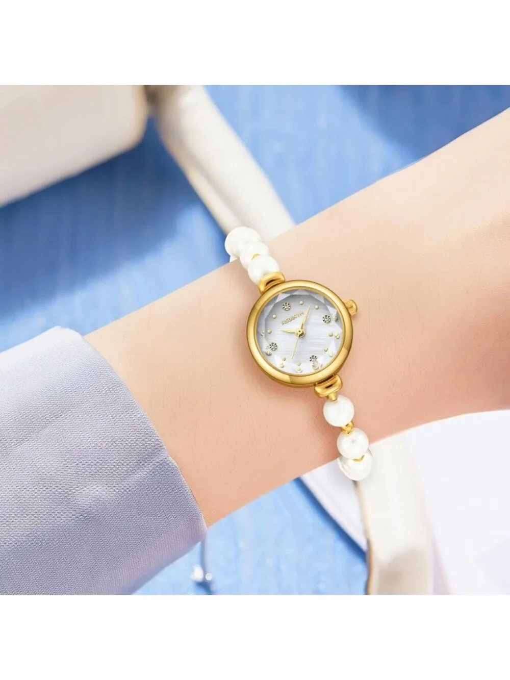 Women's Gold Analog Quartz Adjustable Slider Clasp Pearl Bracelet Wrist Watch